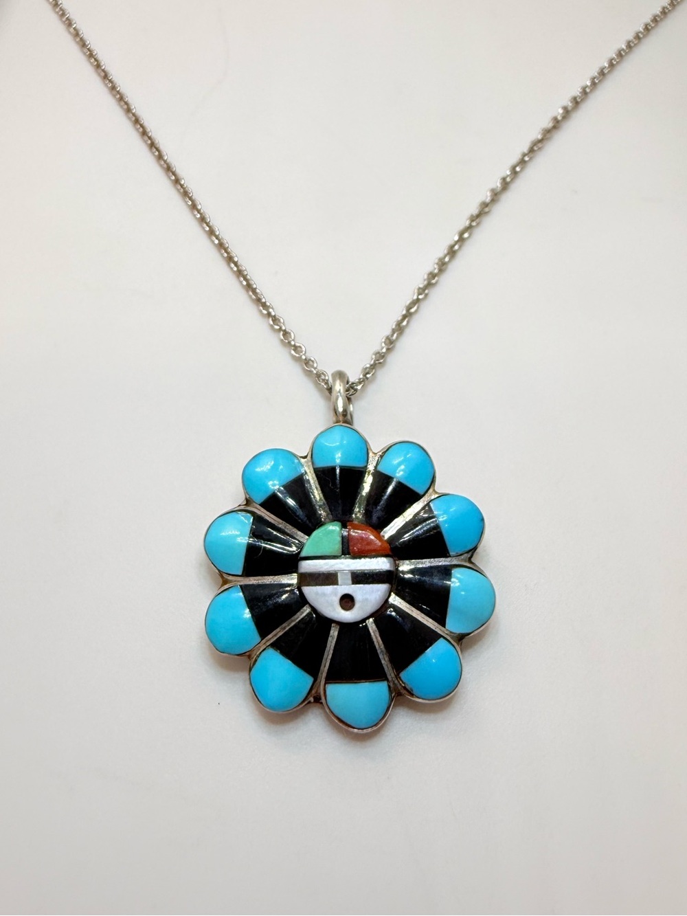 Vintage Zuni Sunface Pendant Necklace - Signed RJV Sterling Silver